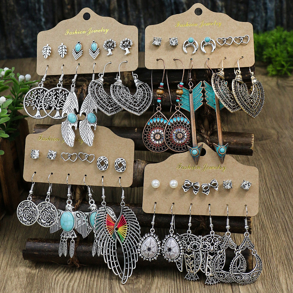 Vintage Boho Style Earrings Set Leaf Wing Tree Of Life Owl Pattern Drop Earrings