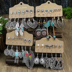 Vintage Boho Style Earrings Set Leaf Wing Tree Of Life Owl Pattern Drop Earrings