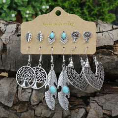 Vintage Boho Style Earrings Set Leaf Wing Tree Of Life Owl Pattern Drop Earrings