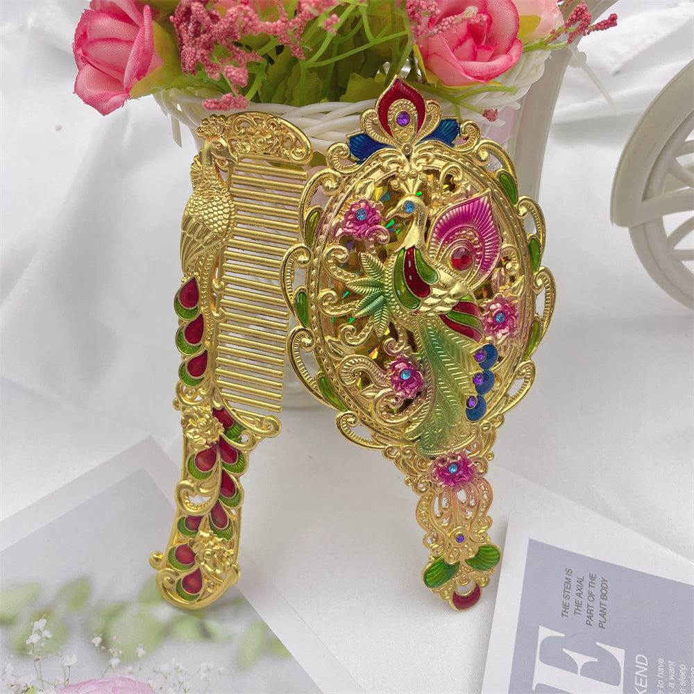 Classic Peacock Handle Mirror Comb Kit