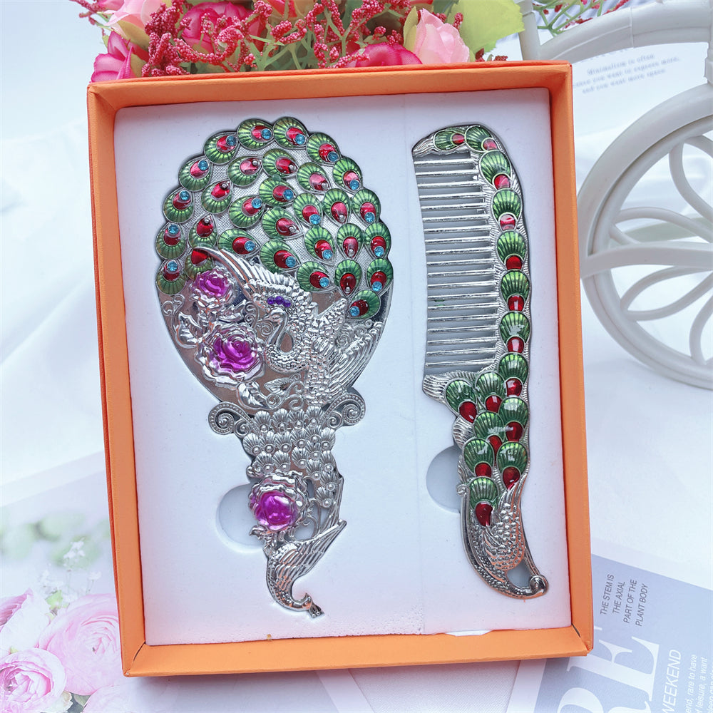 3D Stereo Creative Metal Handle Mirror Classic Peacock Handheld Makeup Mirror