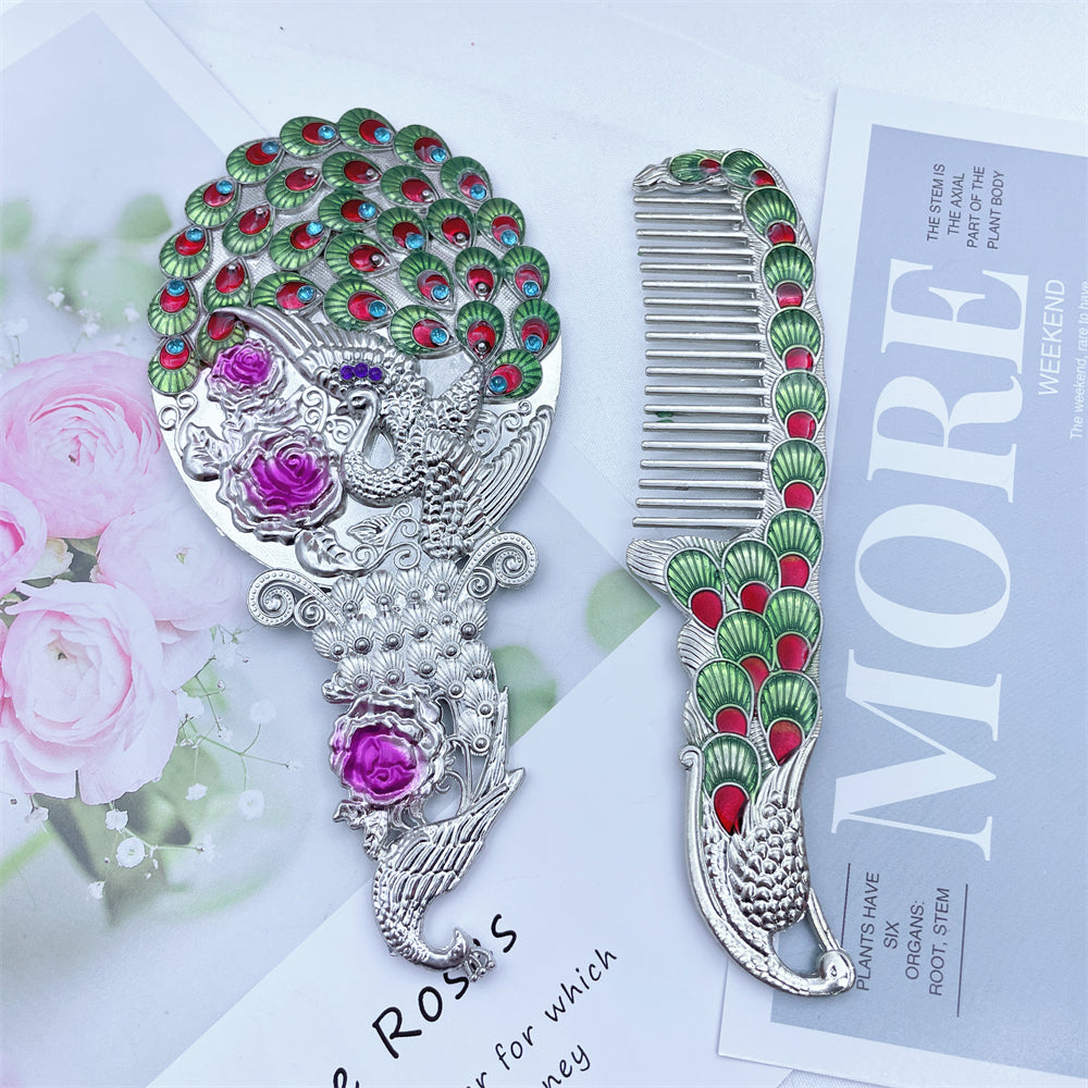3D Stereo Creative Metal Handle Mirror Classic Peacock Handheld Makeup Mirror