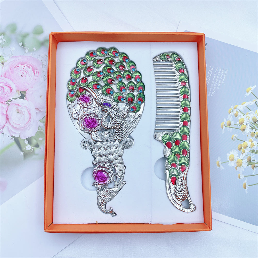 3D Stereo Creative Metal Handle Mirror Classic Peacock Handheld Makeup Mirror