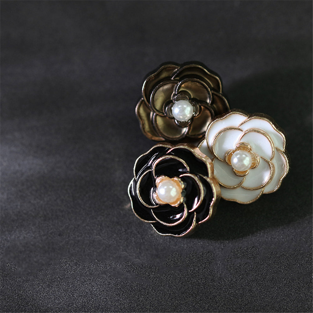 10pcs Camellia Metal Button Faux Pearl Women's Shirt Dress Sewing Buttons