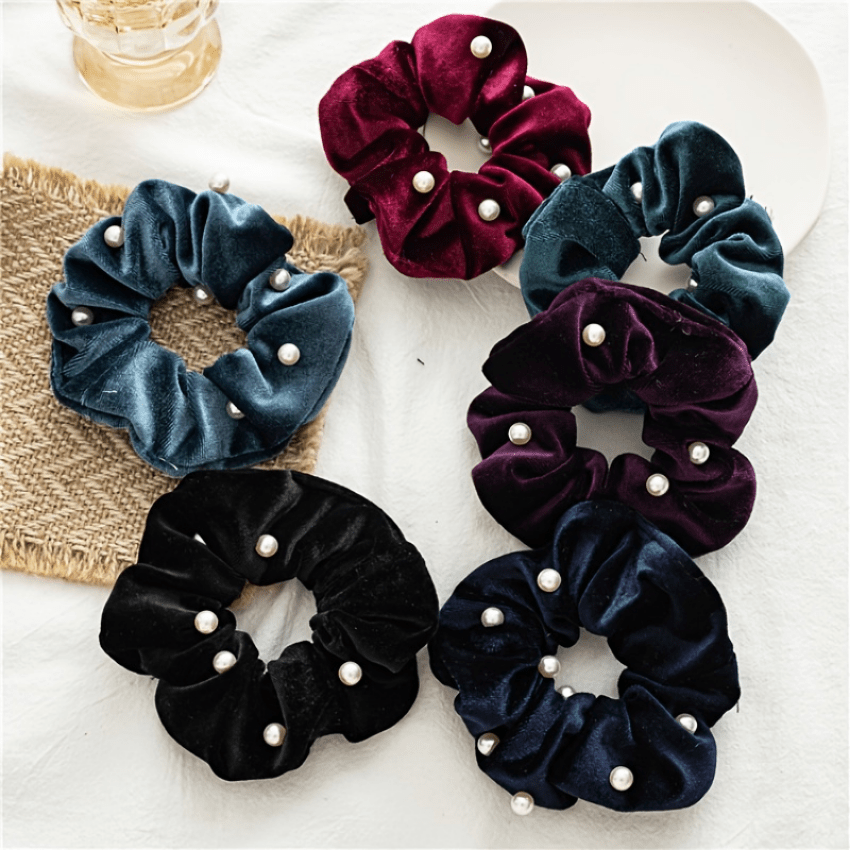 Soft Velvet Faux Pearl Scrunchies Hair Ties Hair Accessories For Girls