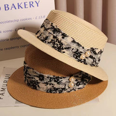 Straw Hat Summer British Retro Flat Top Hat Beach Seaside Vacation Sun Hat