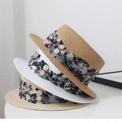 Straw Hat Summer British Retro Flat Top Hat Beach Seaside Vacation Sun Hat