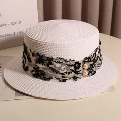 Straw Hat Summer British Retro Flat Top Hat Beach Seaside Vacation Sun Hat