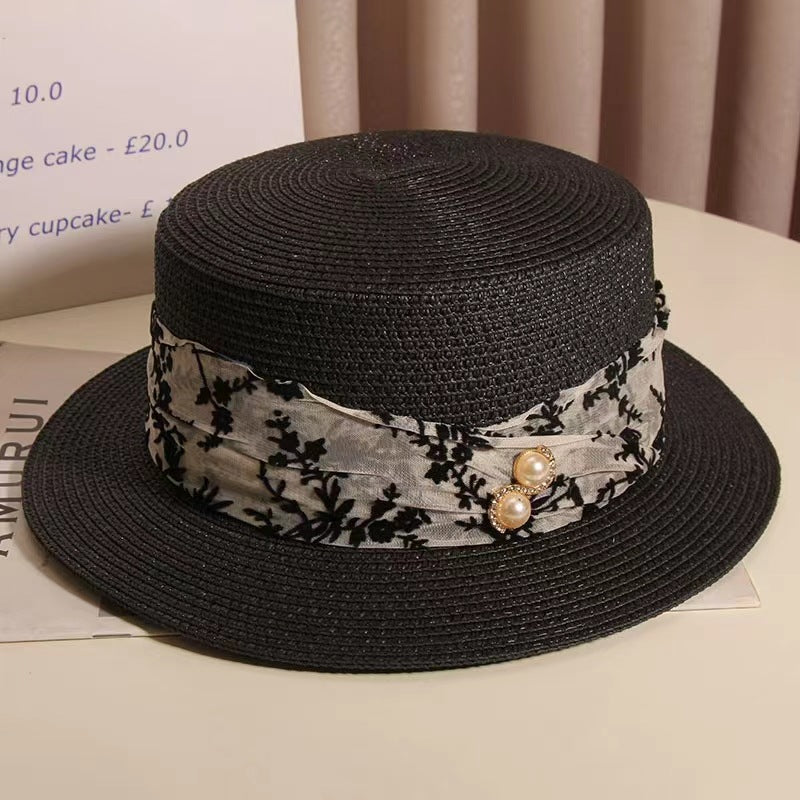 Straw Hat Summer British Retro Flat Top Hat Beach Seaside Vacation Sun Hat
