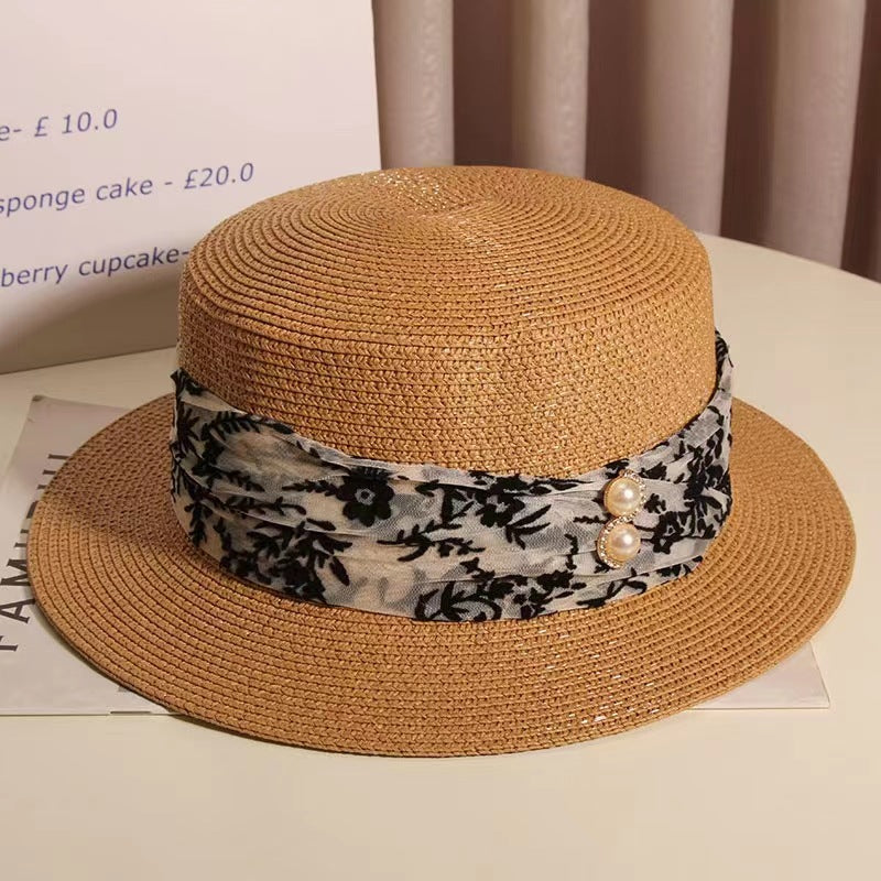 Straw Hat Summer British Retro Flat Top Hat Beach Seaside Vacation Sun Hat