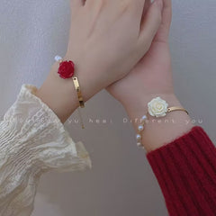Red Rose & Pearl Flower Bracelet French Niche Sense Bow Hand Jewelry