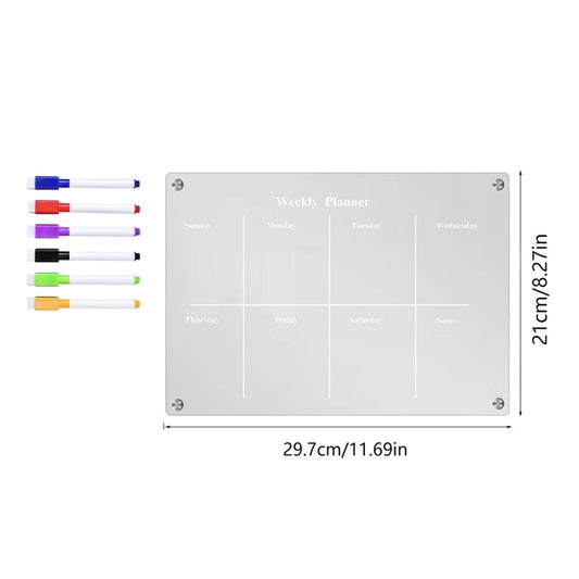 Acrylic Magnetic Weekly Calendar For Fridge + 6 Dry Erase Markers