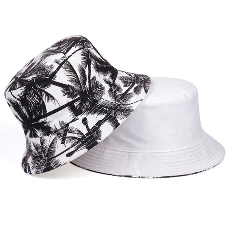 Unisex Wide Brim Sunshade Bucket Hat Coconut Tree Print Double Sided Sun Hat