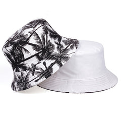 Unisex Wide Brim Sunshade Bucket Hat Coconut Tree Print Double Sided Sun Hat
