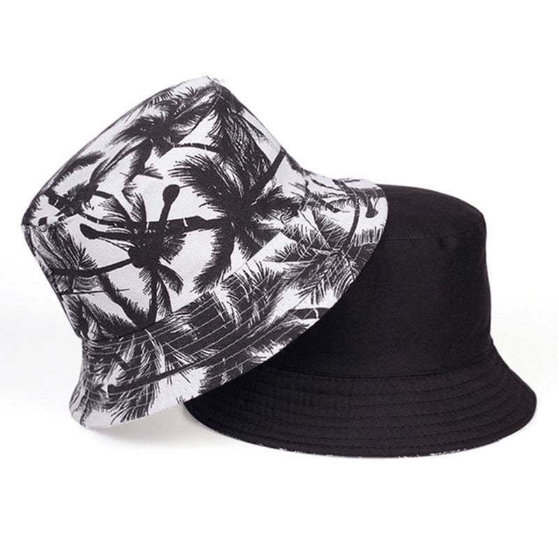 Unisex Wide Brim Sunshade Bucket Hat Coconut Tree Print Double Sided Sun Hat