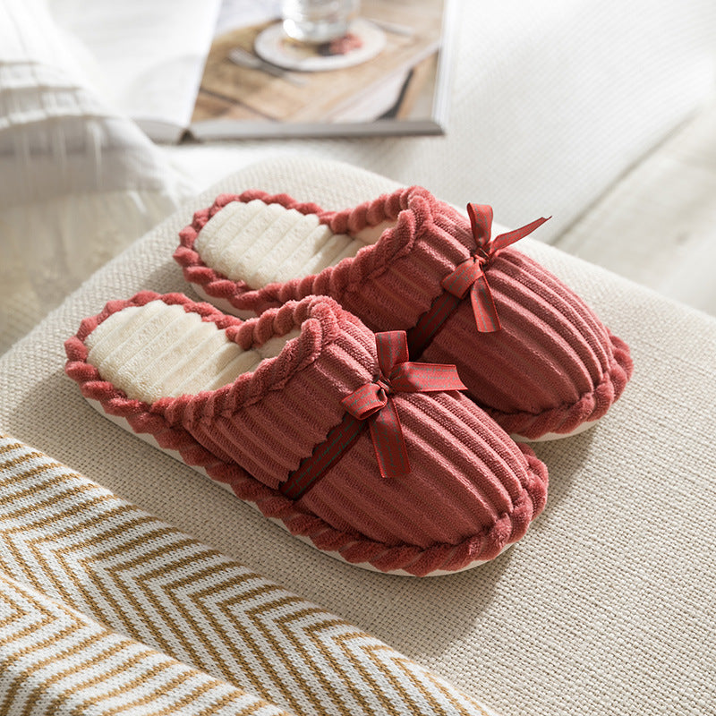Bowknot Decor Slippers Comfortable Plush Lined Soft Sole Indoor Shoes