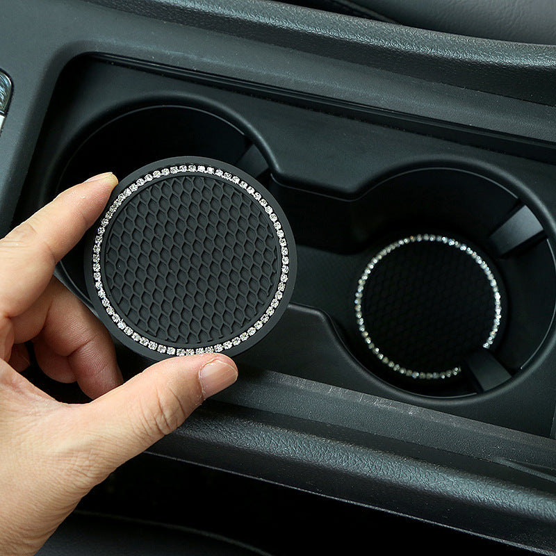 1 Pair Round Honeycomb Grid Rhinestone Car Coaster Non-slip Rubber Cup Holder