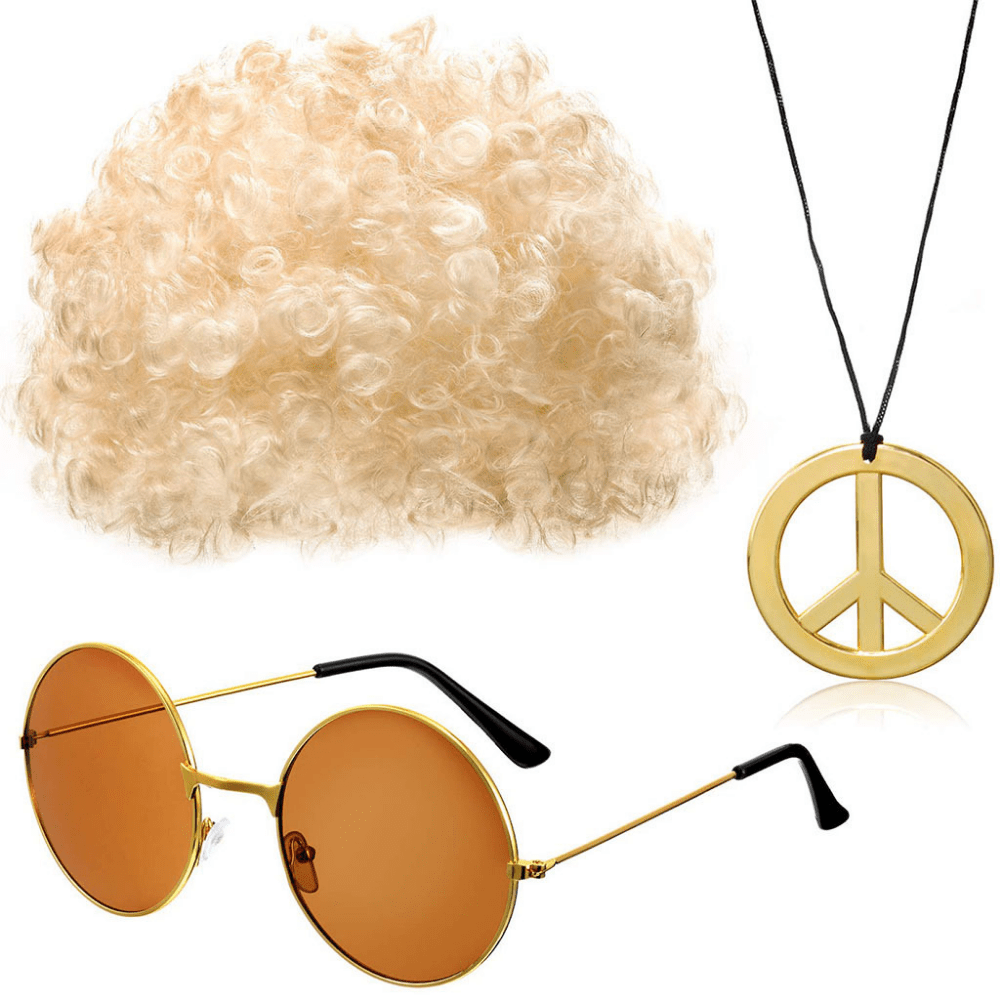 Halloween Carnival Costume Set: Sunglasses, Peace Necklace, Hip Hop Wig