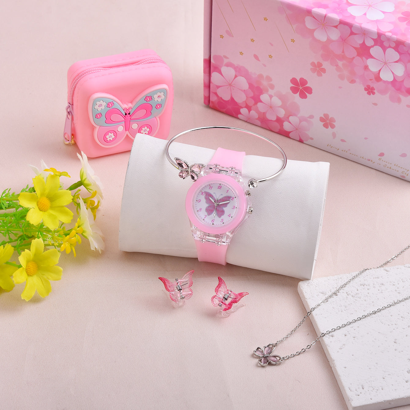 6pcs Butterfly Fans LED Watch Necklace Bracelet Set for Girls