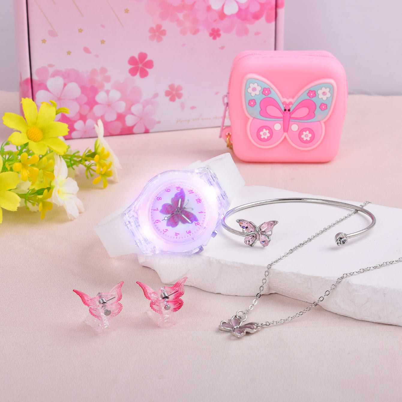 6pcs Butterfly Fans LED Watch Necklace Bracelet Set for Girls