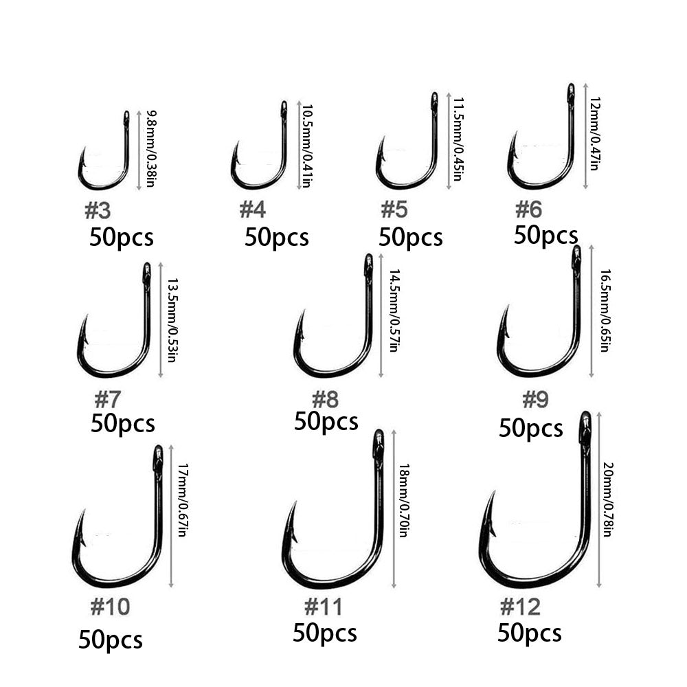 500pcs High Carbon Steel Fishing Hooks Set 10 Sizes Barbed