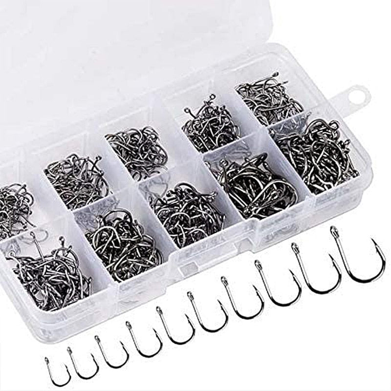 500pcs High Carbon Steel Fishing Hooks Set 10 Sizes Barbed