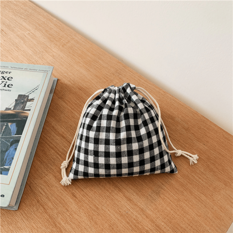 Gingham Drawstring Bag Plaid Storage Pouch Coin Purse Candy Bag