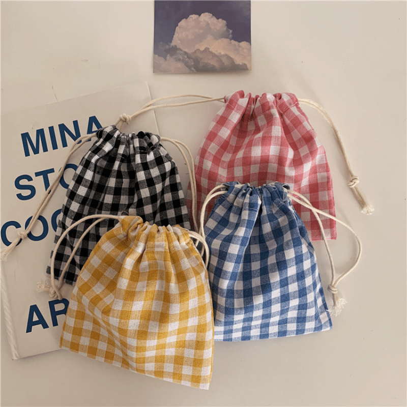 Gingham Drawstring Bag Plaid Storage Pouch Coin Purse Candy Bag