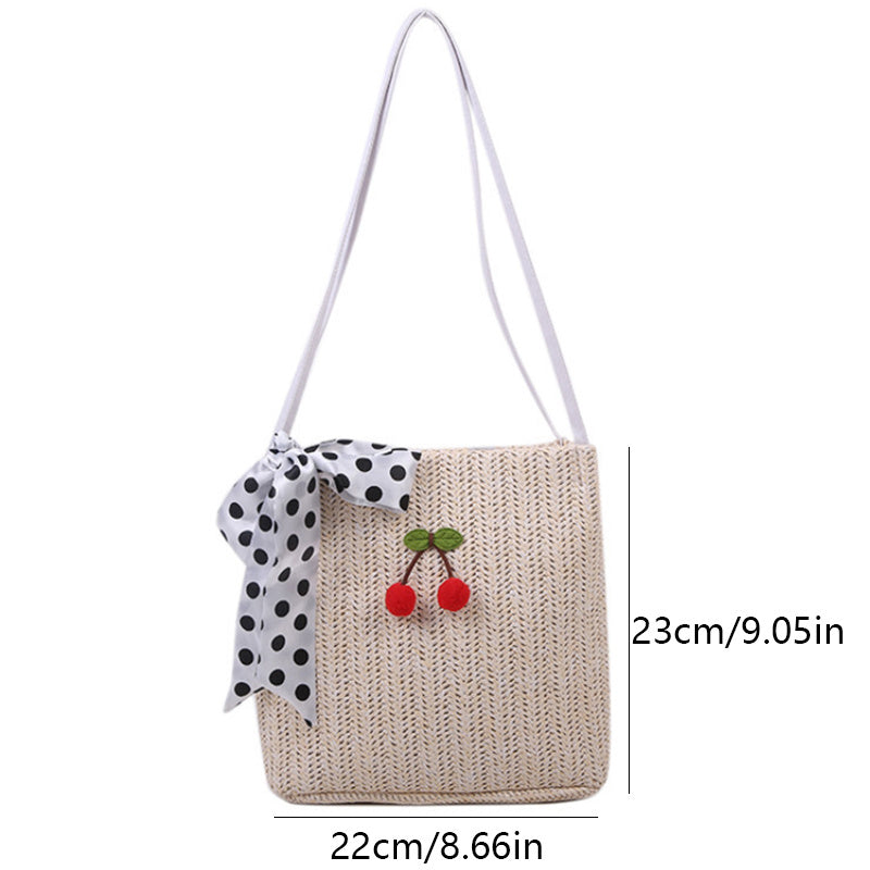 Silk Bow Cherry Decor Straw Bag Summer Shoulder Woven Bag