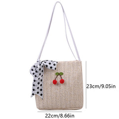 Silk Bow Cherry Decor Straw Bag Summer Shoulder Woven Bag