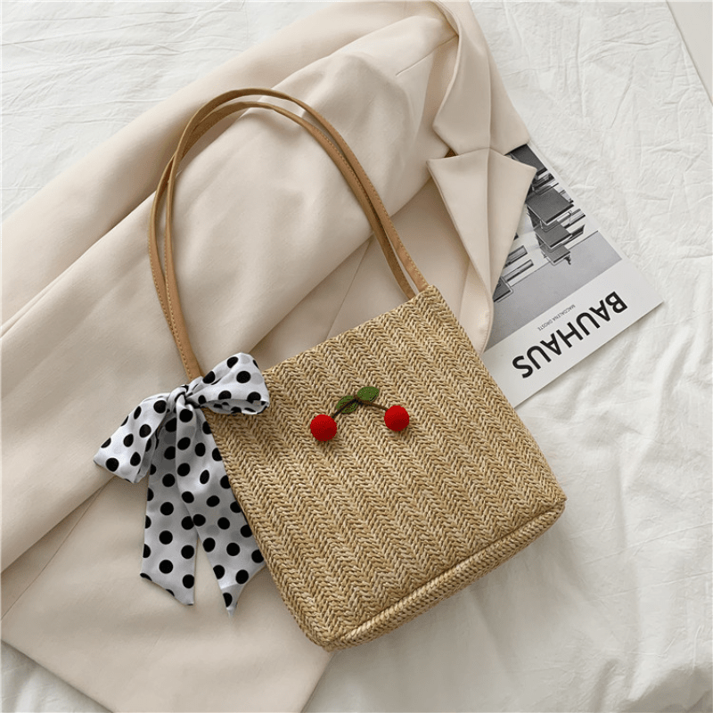 Silk Bow Cherry Decor Straw Bag Summer Shoulder Woven Bag
