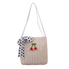 Silk Bow Cherry Decor Straw Bag Summer Shoulder Woven Bag