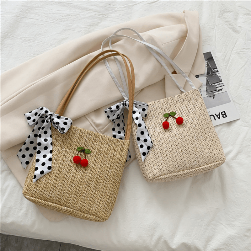 Silk Bow Cherry Decor Straw Bag Summer Shoulder Woven Bag