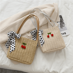 Silk Bow Cherry Decor Straw Bag Summer Shoulder Woven Bag