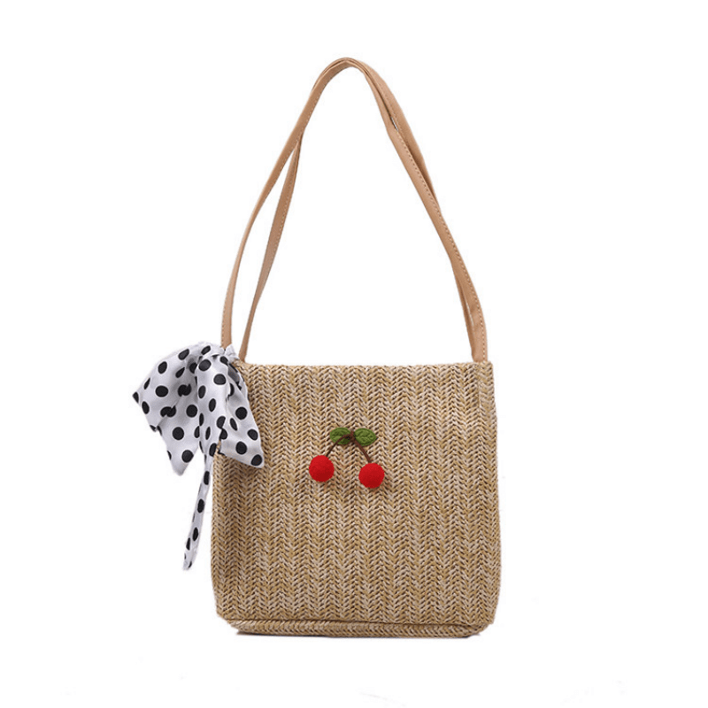 Silk Bow Cherry Decor Straw Bag Summer Shoulder Woven Bag