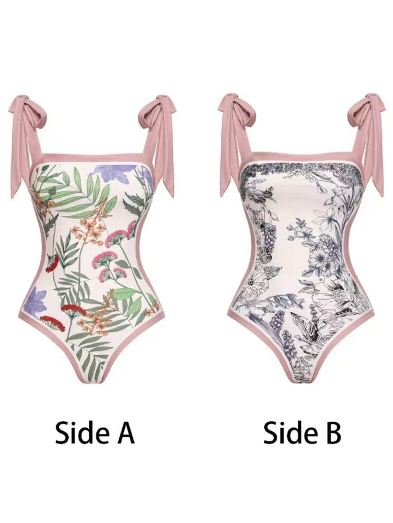 Floral Print Reversible Tie Shoulder One Piece Swimsuit