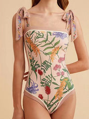 Floral Print Reversible Tie Shoulder One Piece Swimsuit