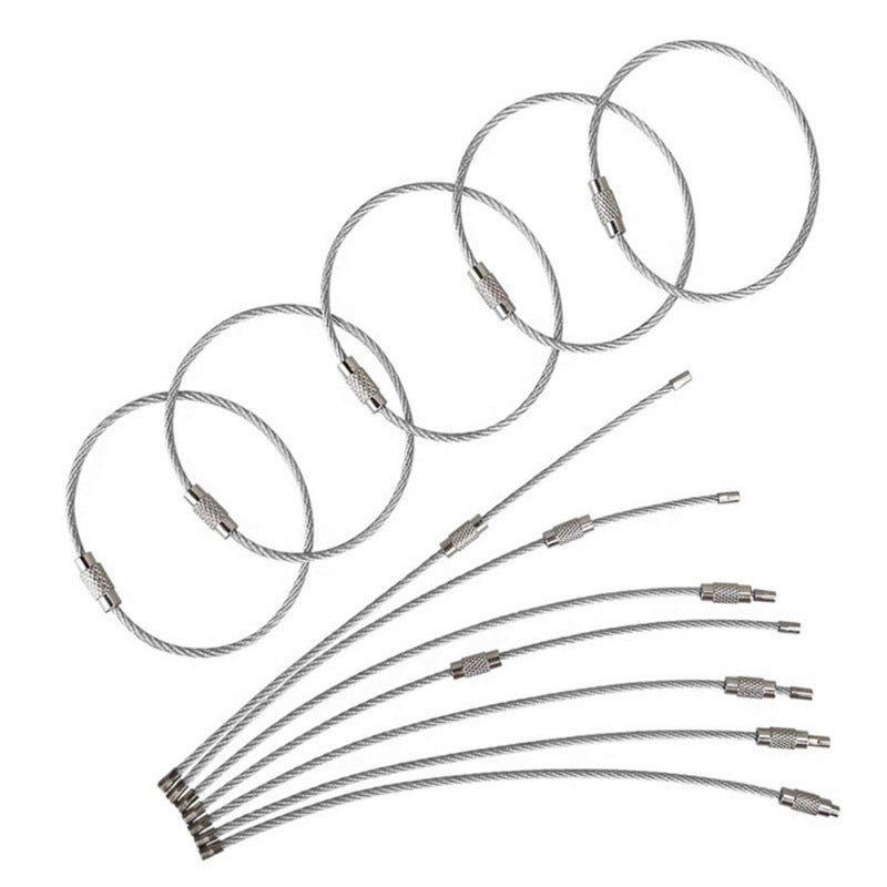 10pcs Stainless Steel Wire Keychain Tag Rope Screw Lock Ring