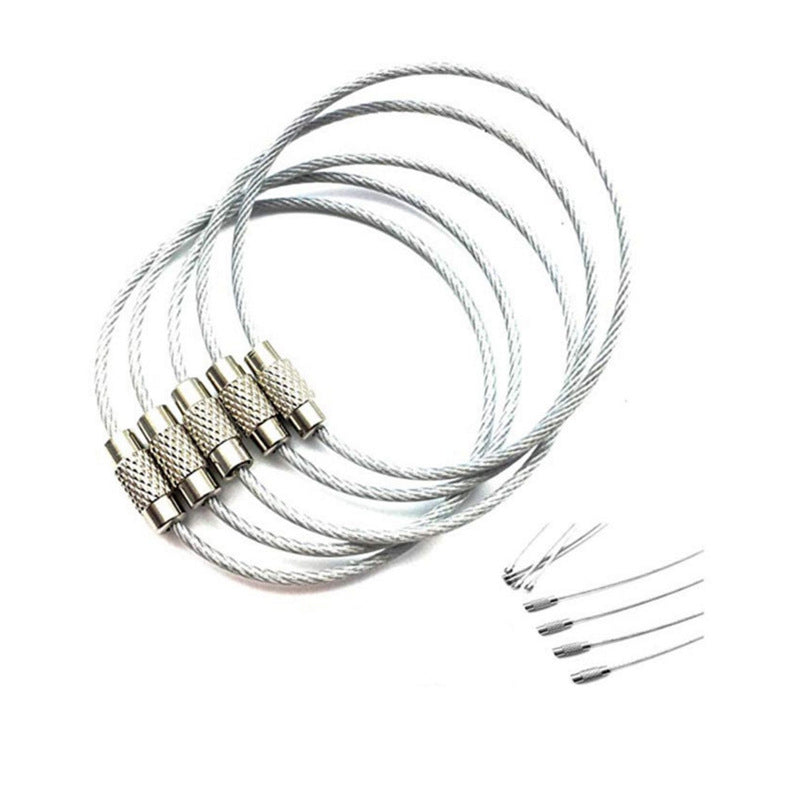 10pcs Stainless Steel Wire Keychain Tag Rope Screw Lock Ring