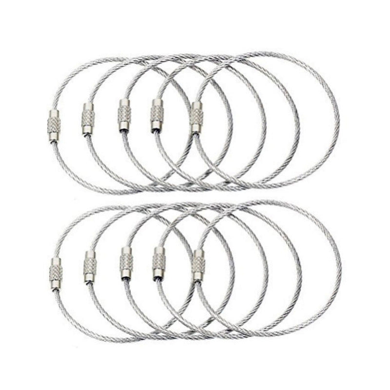 10pcs Stainless Steel Wire Keychain Tag Rope Screw Lock Ring