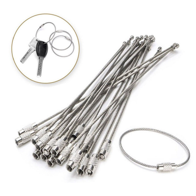 10pcs Stainless Steel Wire Keychain Tag Rope Screw Lock Ring