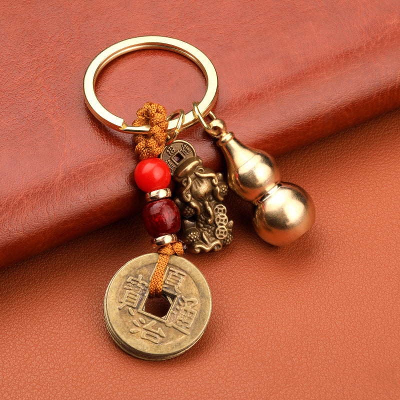 Chinoiserie Brass Gourd Keychain Pendant Bag Car Key Ornament