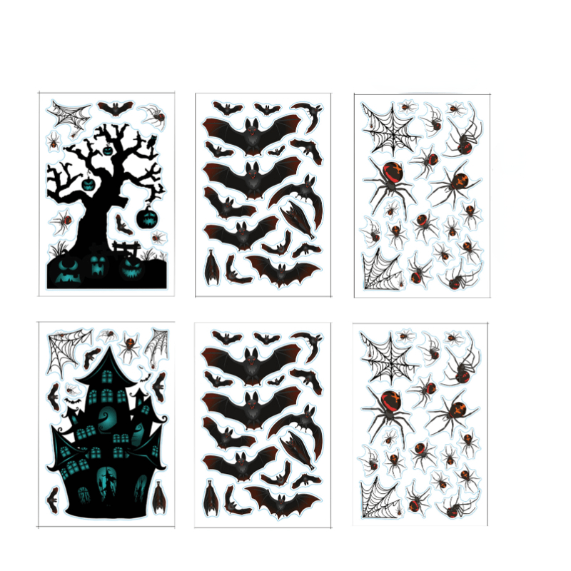 6pcs Halloween Static Window Stickers Haunted House Bat Spider Web