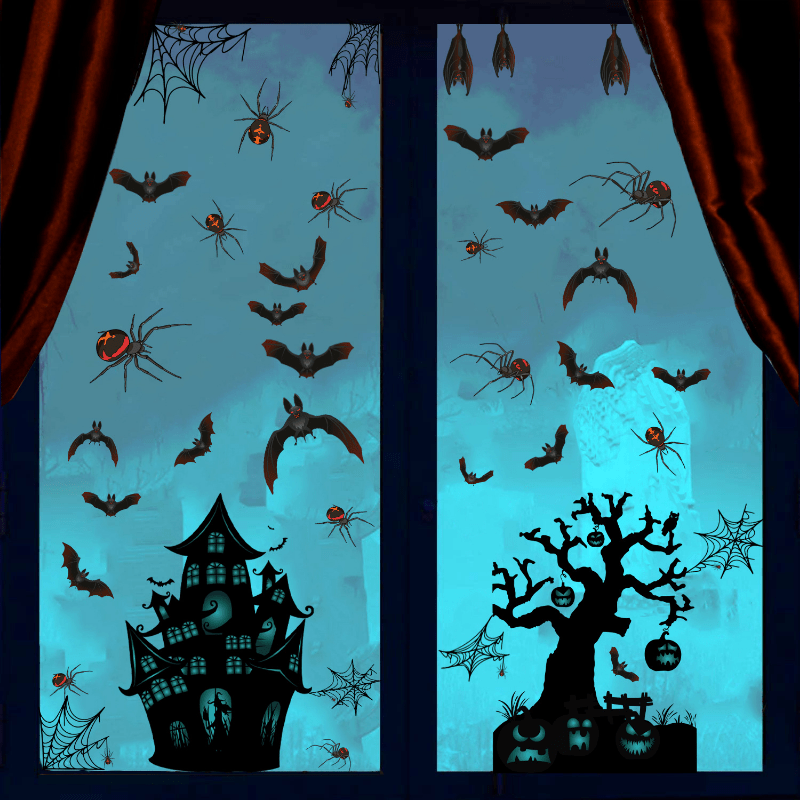 6pcs Halloween Static Window Stickers Haunted House Bat Spider Web