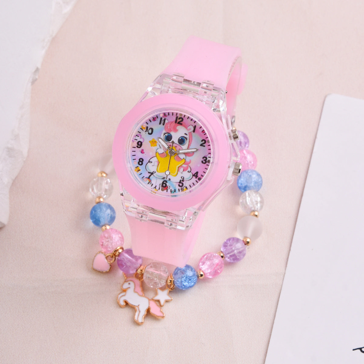 Pink LED Glow Unicorn Watch and Beaded Bracelet Set