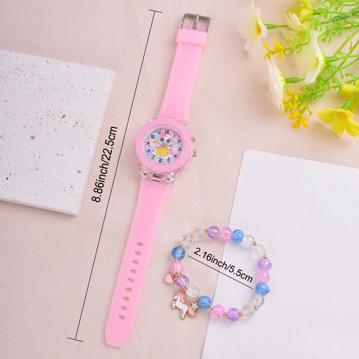 Pink LED Glow Unicorn Watch and Beaded Bracelet Set