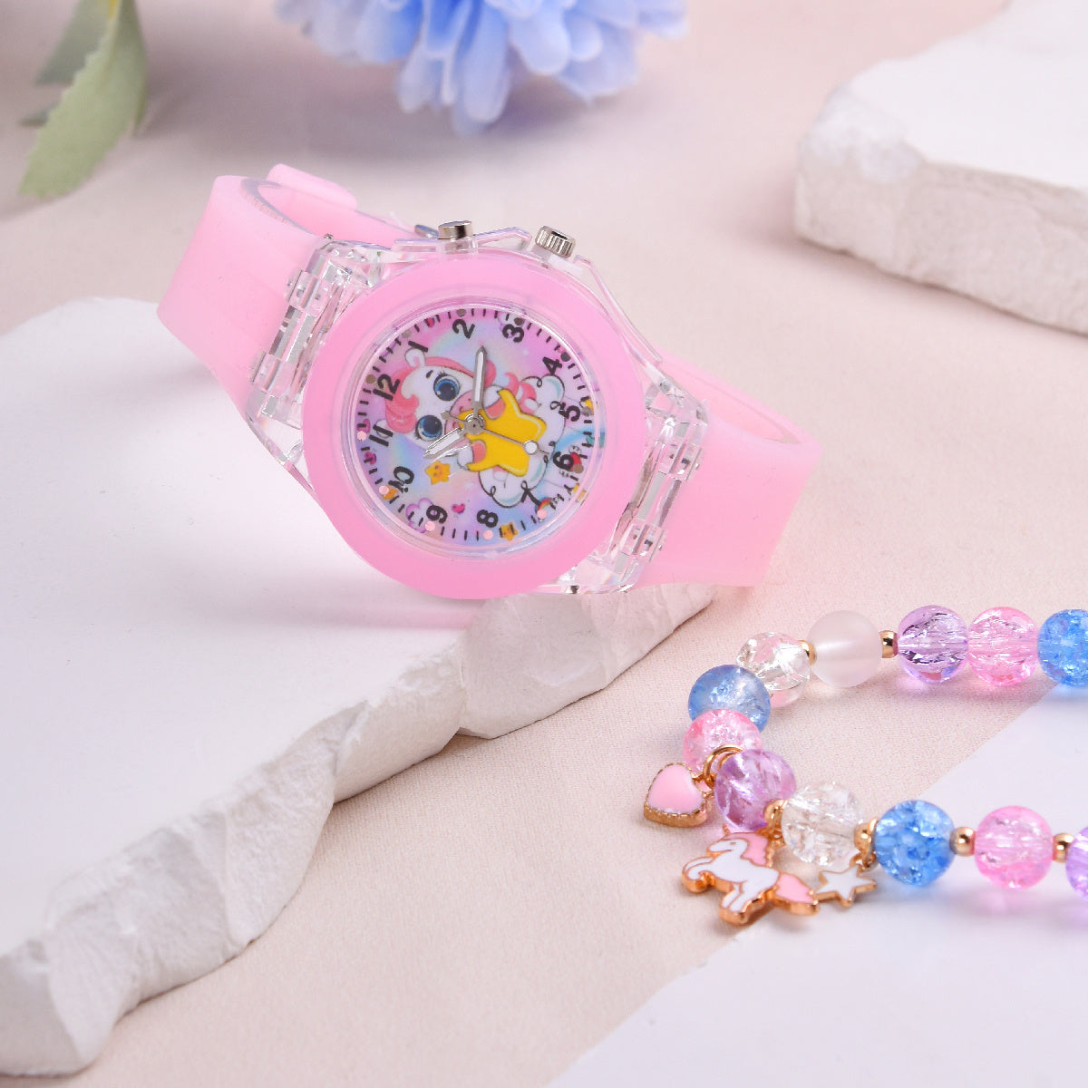 Pink LED Glow Unicorn Watch and Beaded Bracelet Set
