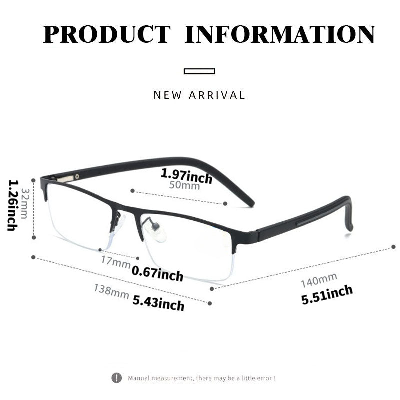 Anti Light Reading Glasses Rectangle Semi Rimless Metal Frame Presbyopic Glasses