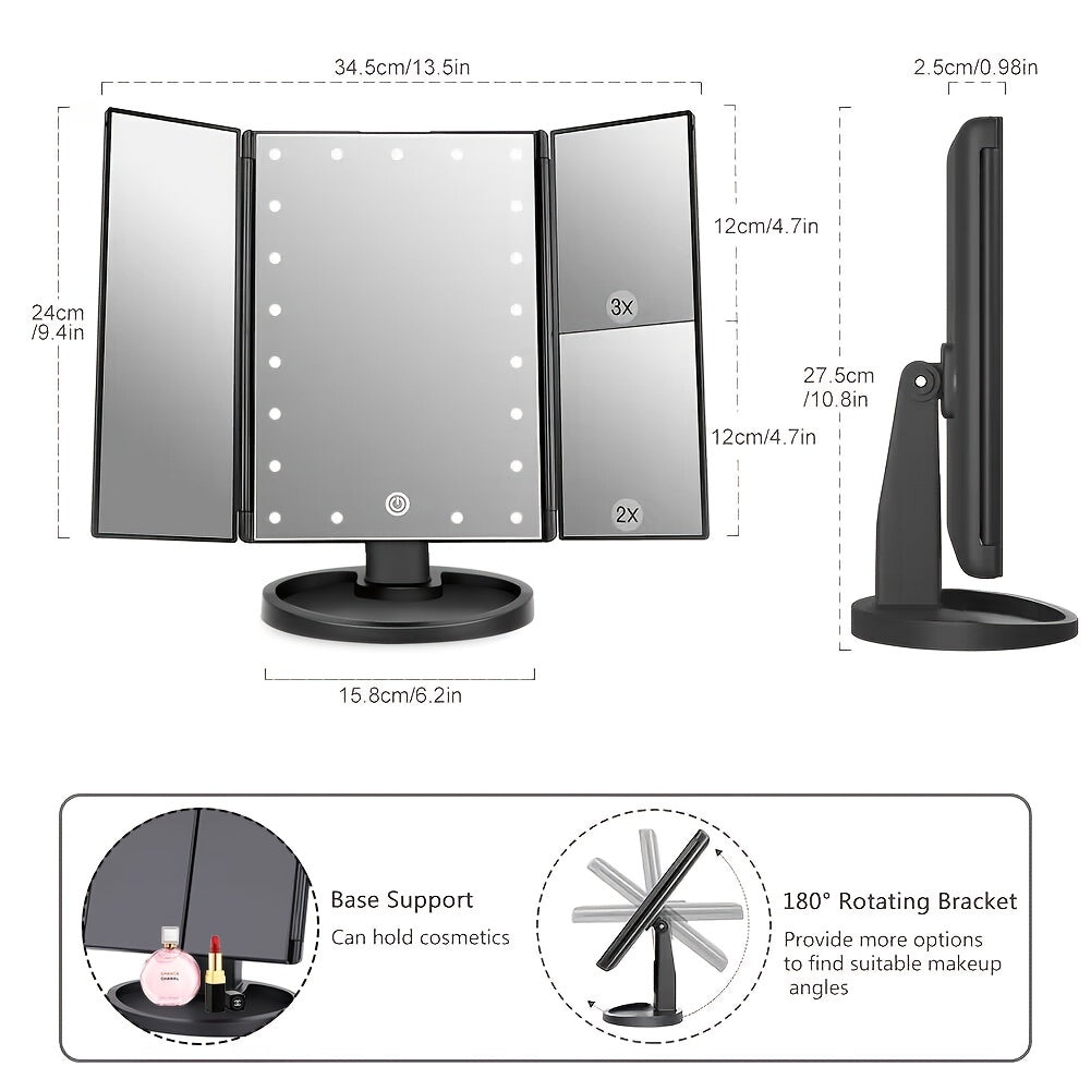 LED Makeup Vanity Mirror 2X 3X Magnification Touch Control Trifold Portable