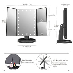 LED Makeup Vanity Mirror 2X 3X Magnification Touch Control Trifold Portable